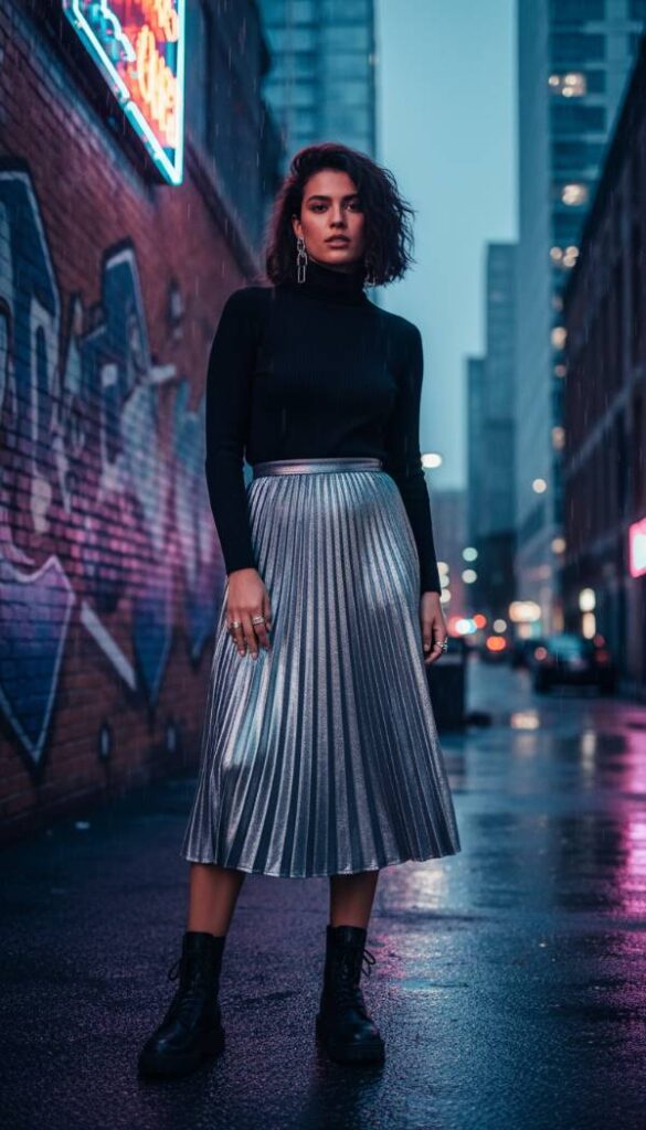 Edgy Metallic Pleated Skirt Look