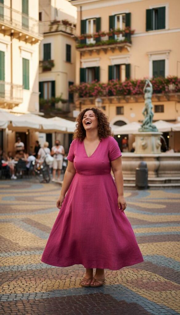 The Fuschia Pink Linen Blend A Line Midi Dress