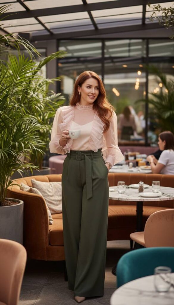 Sheer Organza Blouse With Tailored Trousers