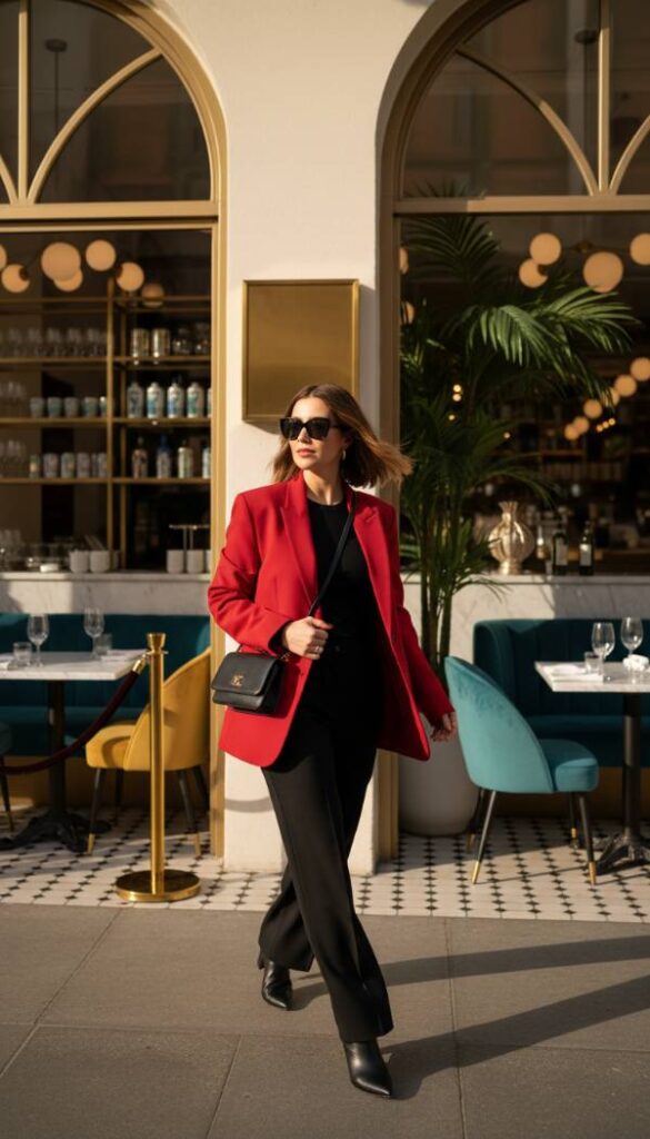 Cherry Red Statement Blazer Over Monochrome