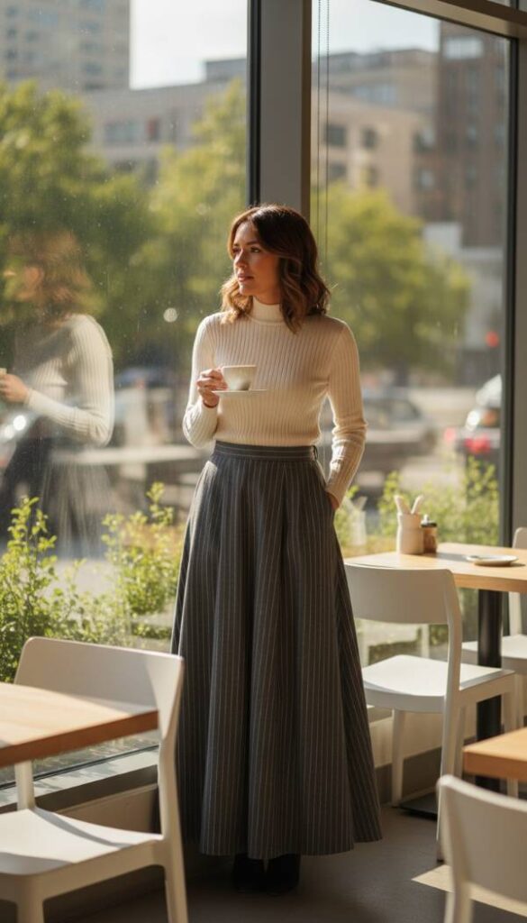 Pinstripe Maxi Skirt And Fitted Turtleneck